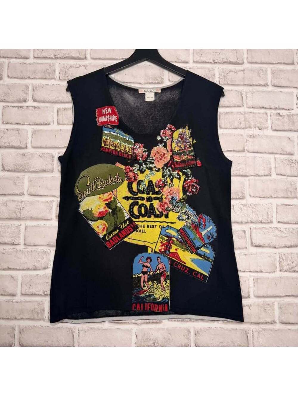 Lou Lou Sleeveless Viscose Shirt Beaded Retro Travel USA  Women's L/XL